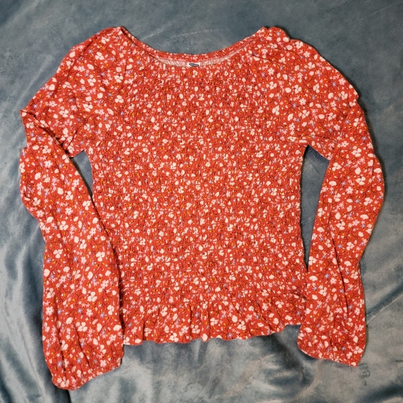 Old Navy Girls Salmon Floral Blouse Long Sleeve Smocked Styled Size 14/16 - Picture 2 of 10